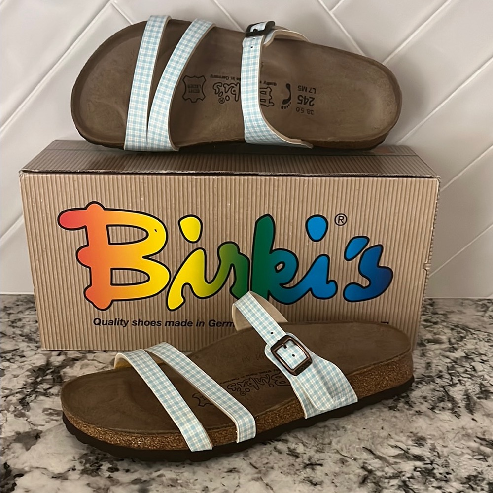 Birkenstock Blue and White Sandals with Contoured Footbed